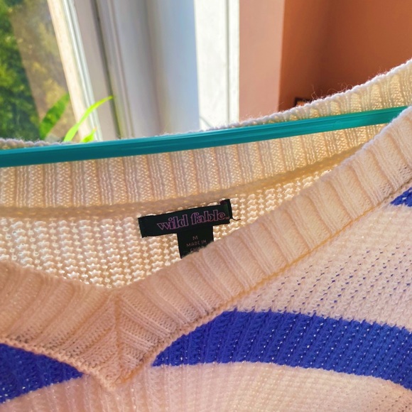 Periwinkle Blue Cozy Off The Shoulder V Neck Woven Knit Striped White Sweater - Picture 7 of 11